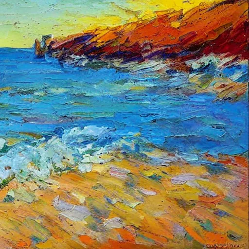 Image similar to a beach in western australia, modern, impressionist, highly textured landscape, palette knife, layered, sculptured, dynamic, oil on canvas