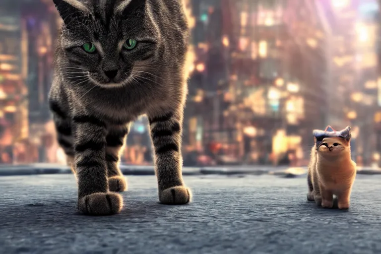 Prompt: professional close-up photo of a cat on the busy streets of a dystopian futuristic city with pedestrians, 4k, octane render, Unreal Engine