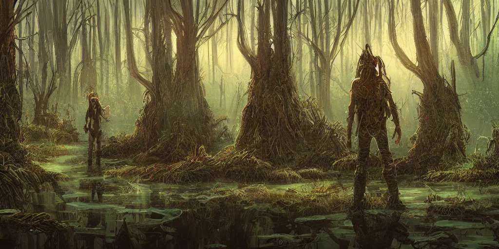 Prompt: reed - people in futuristic spiritual mystical post apocalyptic swampy forest in kyiv drawn by ron gilbert, dim painterly volumetric aquatic lighting, scenic, beautiful, crisp, artstation, highly detailed