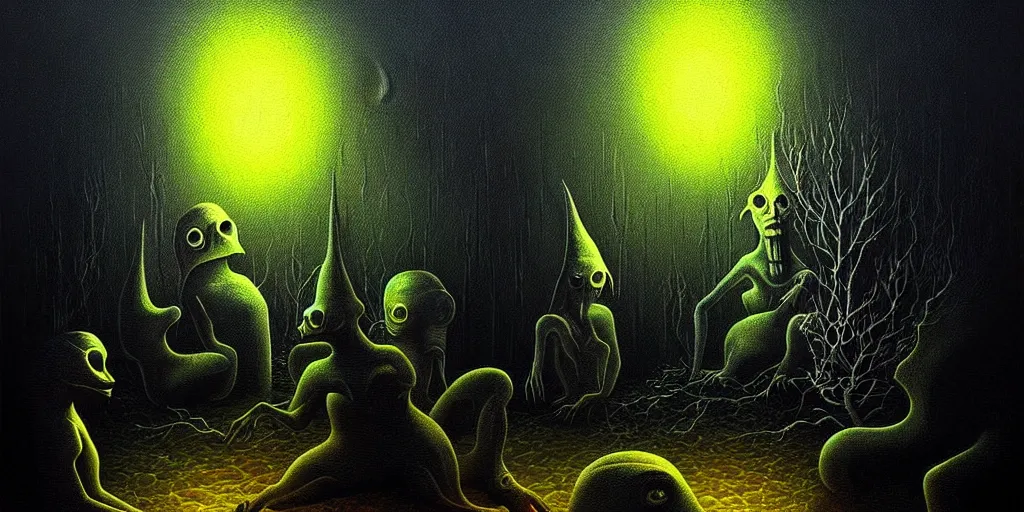 Image similar to creatures lurking in the collective unconscious, dramatic lighting from warm fire glow, in a dark surreal painting by ronny khalil