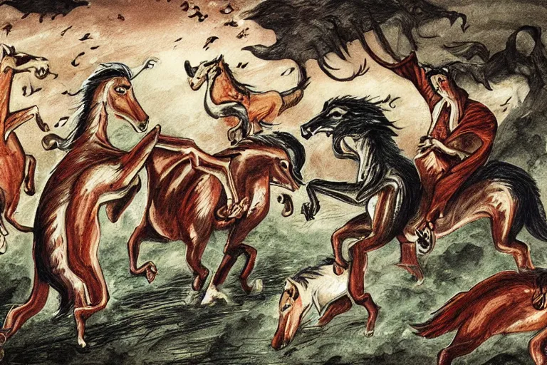 Prompt: dracula horses fight scene with the wolves, el garing art style