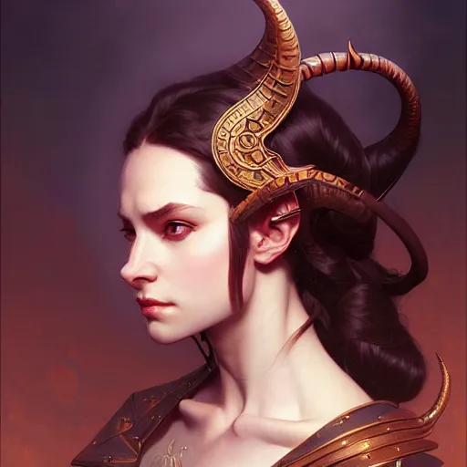 Image similar to ,portrait of an female tiefling, D&D, fantasy, intricate, elegant, highly detailed, digital painting, artstation, concept art, smooth, sharp focus, illustration, art by artgerm and greg rutkowski and alphonse mucha