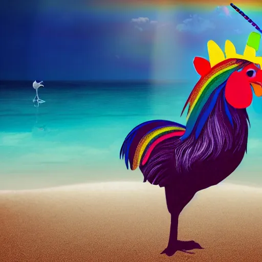 Image similar to A rooster wearing a fedora, standing on a unicorn at the beach, with rainbow in the sky.