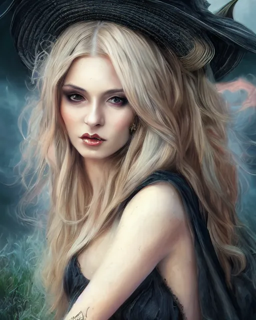 Image similar to a beautiful female witch, 8 k, hyperrealistic, hyperdetailed, fantasy portrait by laura sava