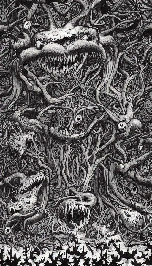 Image similar to a storm vortex made of many demonic eyes and teeth over a forest, by james jean