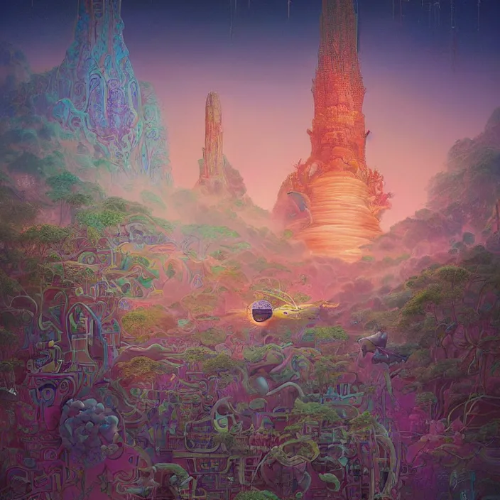 Image similar to thai princess, science fiction, extremely detailed, sharp focus, pastel colors, intricate, beautiful, illustration, volumetric lighting, digital painting, by roger dean, by simon stalenhag, by alex grey