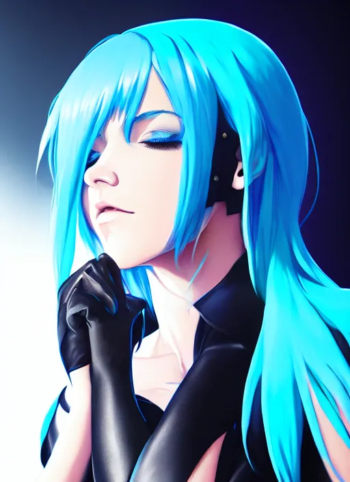 Image similar to hyper realistic photograph portrait of pretty girl with blue hair, wearing a full leather outfit, holding a whip, dramatic lighting by makoto shinkai, ilya kuvshinov, lois van baarle, rossdraws, basquiat