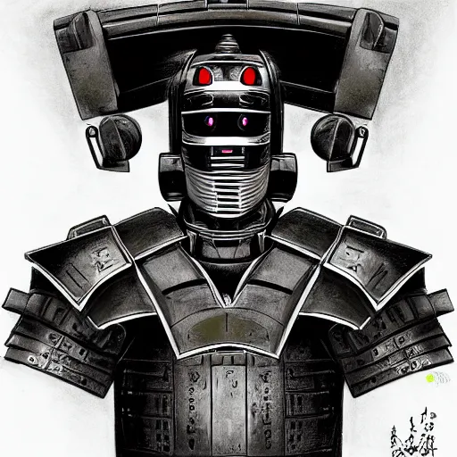 Image similar to portrait of a samurai robot drawing in high resolution by otto eerelman