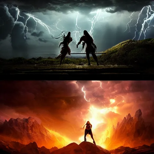 Image similar to a very weak nerd person destroys a God, godrays, epic fights, dramatic poses and scenery, Two people fighting each other, thunderstorm, rtx on, cinematic, movies you do not want to miss, a powerful being losing to a weakling, amazing effects, 4k UHD, Award winning photograph, extremely highly detailed majestic hi-res beautiful, stunning visuals