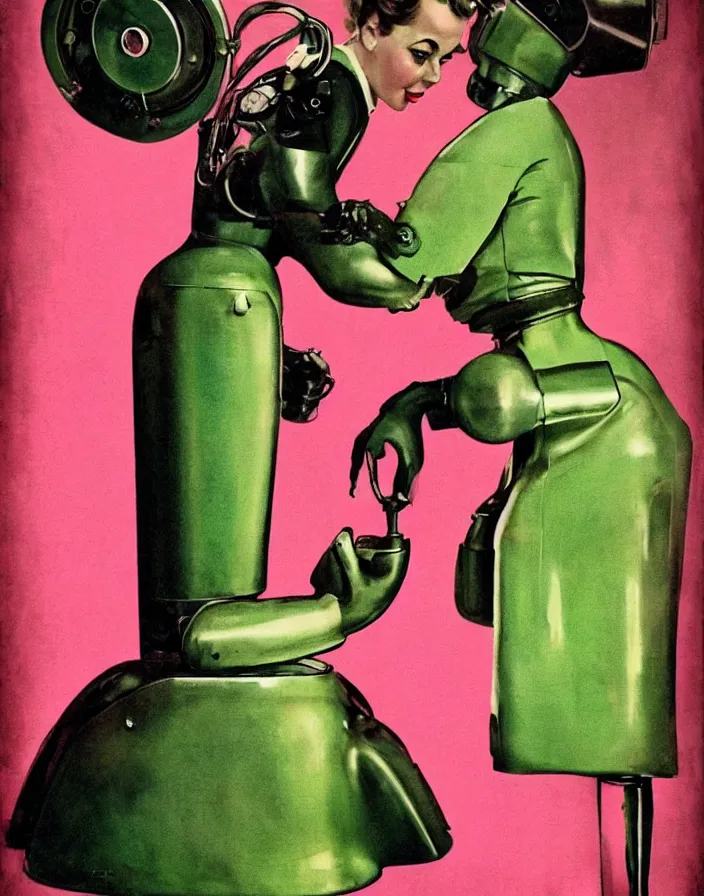 Prompt: a female housewife!!!! being hugged by a metal robot!!!! in a suit!!!, 1 9 5 0 s horror film movie poster style, ( norman rockwell oil painting ), close - up shot, profile shot, retro science fiction, vintage, saturated pink and green lighting, shadowy lighting