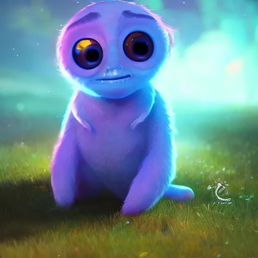 Image similar to adorable glowing creature, trending on artstation, cute, big eyes, concept art, pixar, disney, highly detailed, cinematic composition, unreal engine, 3 d rendered in octane