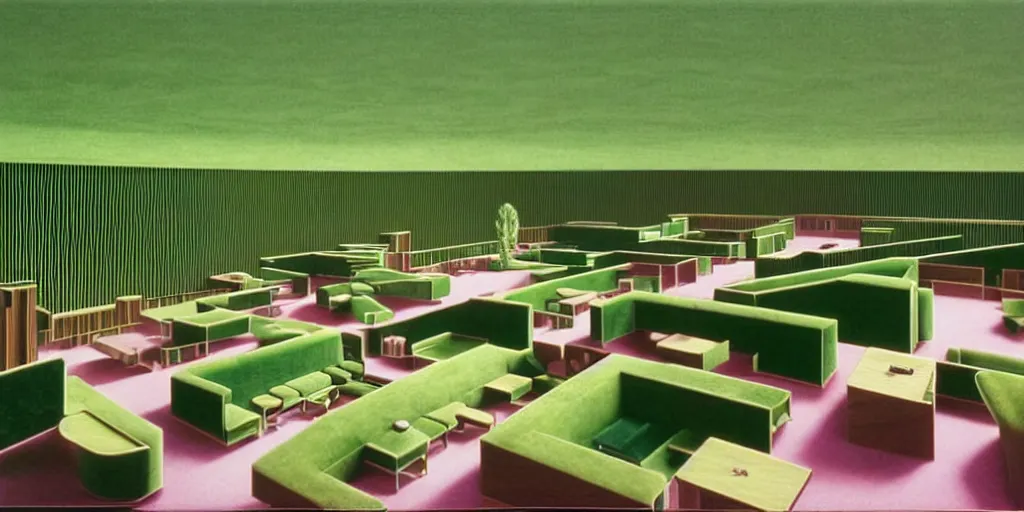 Image similar to huge sprawling gargantuan angular dimension of infinite indoor landscape 7 0 s green velvet and wood with metal office furniture. surrealism, mallsoft, vaporwave. muted colours, 7 0 s office furniture catalogue, shot from above, endless, neverending epic scale by escher and ricardo bofill, salvador dali landscape