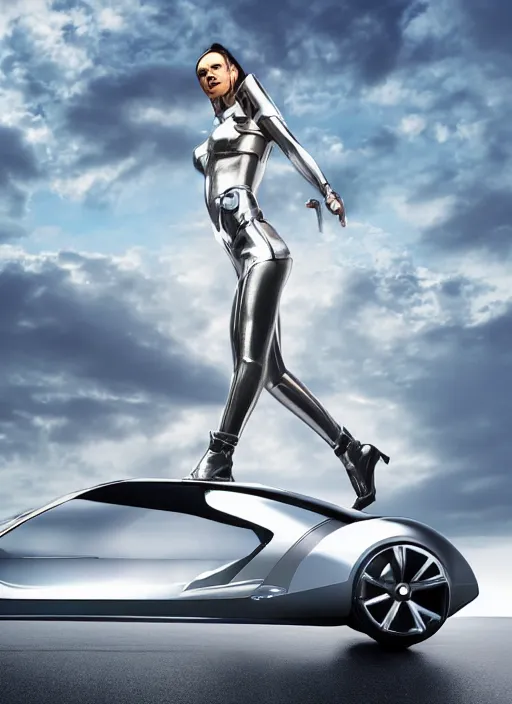 Image similar to Raypunk woman standing on top of a futuristic car, full body shot, hyperrealism, 4K HD