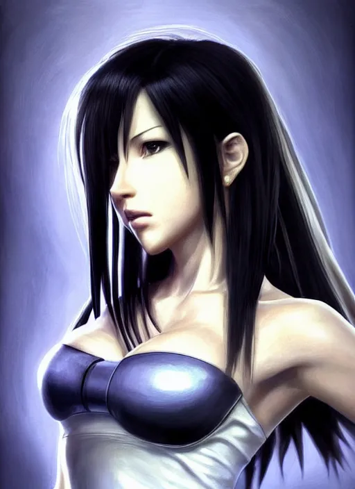 Image similar to elegant Tifa Lockhart stares intently at you. ultra detailed painting at 16K resolution and epic visuals. epically surreally beautiful image. amazing effect, image looks crazily crisp as far as it's visual fidelity goes, absolutely outstanding. vivid clarity. ultra. iridescent. mind-breaking. mega-beautiful pencil shadowing. beautiful face. Ultra High Definition. processed twice.