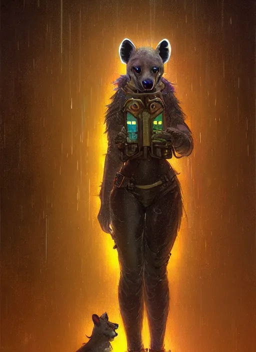 Image similar to beautiful full-body portrait commission of a [female furry anthro!!! spotted hyena fursona] [wearing jedi robes] [in a cyberpunk city at night in the rain]. Neon light. Atmospheric. Renowned character illustration by greg rutkowski, thomas kindkade, alphonse mucha, loish, norman rockwell. detailed, dungeons and dragons character art