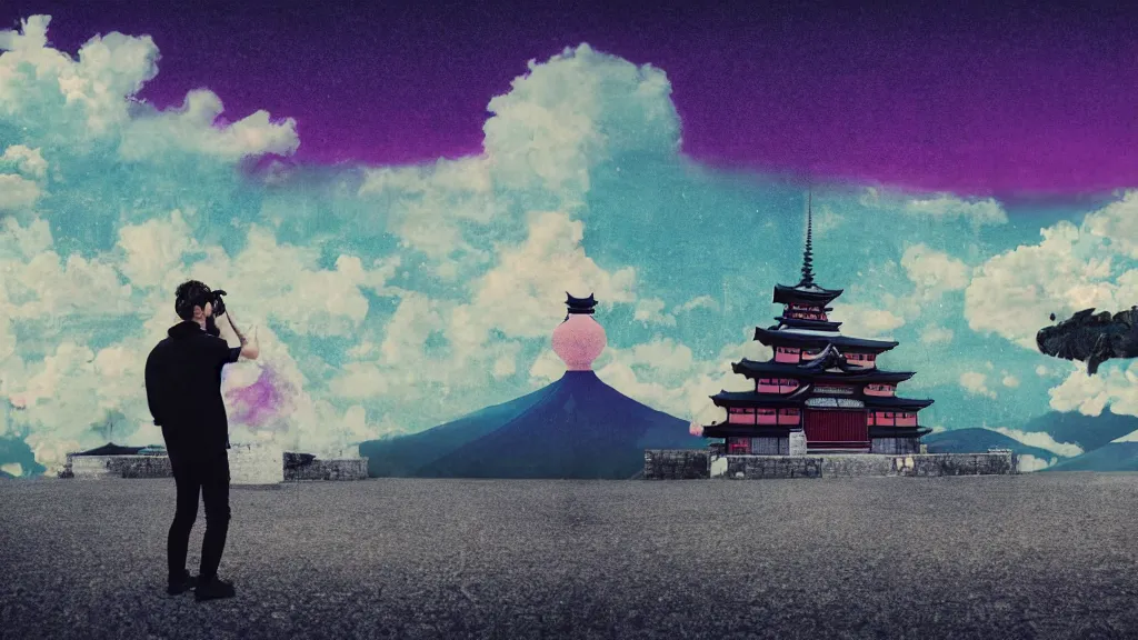 Image similar to portrait of a bearded german photographer at a vast temple under a vivid sky, aomori japan, a collage painting, in the style of wes anderson, lola dupre, david hockney, isolated on negative white space background dark monochrome neon spraypaint accents volumetric octane render