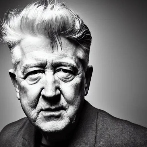 Prompt: Black & White portrait photograph of David Lynch, Chiaroscuro lighting