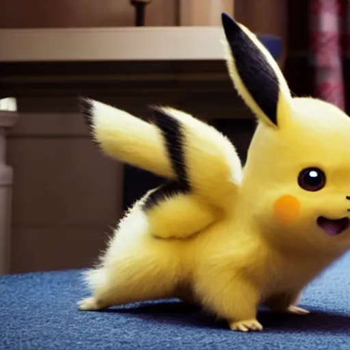 Prompt: a film still of baby pikachu in detective pikachu