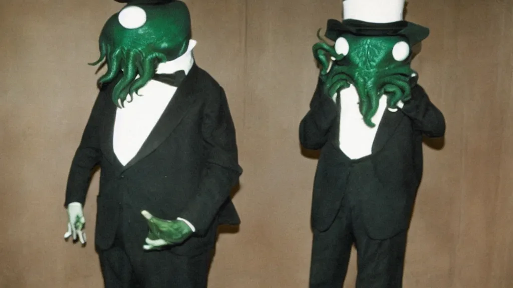 Image similar to a vintage color photograph of anthropomorphic cthulhu in a tuxedo at a fundraising in the white