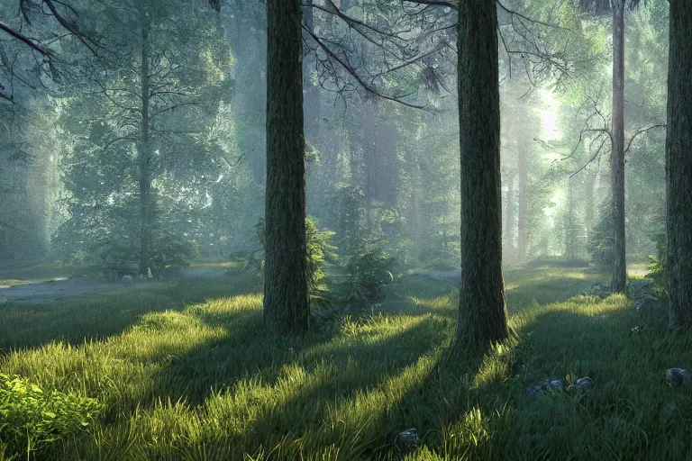 Prompt: A beautiful hyper realistic detailed photo of the forest with high trees and bushes of blueberry, dynamic lighting, cinematic lighting, lit by morning light, unreal engine, high detailed, featured on artstation