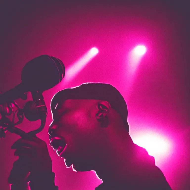 Image similar to rapper holding microphone to mouth, epic angle, profile view, silhouetted, distinct, psychedelic hip-hop, laser light show, beams of light