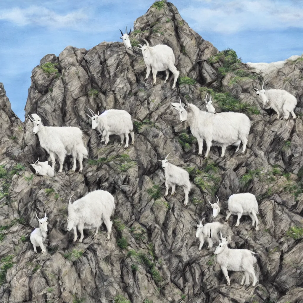 Image similar to mountain goats on a sheer cliffside, expressive, hyperrealism, photorealistic