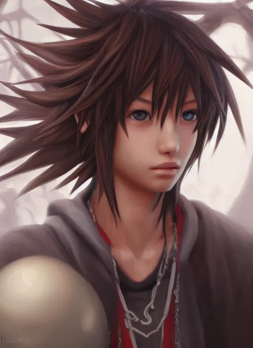 Prompt: realistic portrait painting of sora from kingdom hearts, old mystic ruins, afternoon, intricate, elegant, highly detailed, digital painting, sharp, focus, by artgerm and greg rutkowski