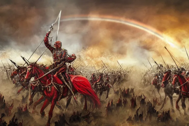 Image similar to Majestic powerfull red white Winged Hussars cavalry horde charging at ugly rainbow demons and trolls on ground, huge golden cross above them on the sky, white red eagle helping hussars, blood, snow, wide angle, professional kodak lenses, magic, fire, face painting, dramatic lighting, intricate, wild, highly detailed, digital painting, artstation, concept art, smooth, sharp focus, illustration, art by artgerm and greg rutkowski and alphonse mucha, footage from space camera