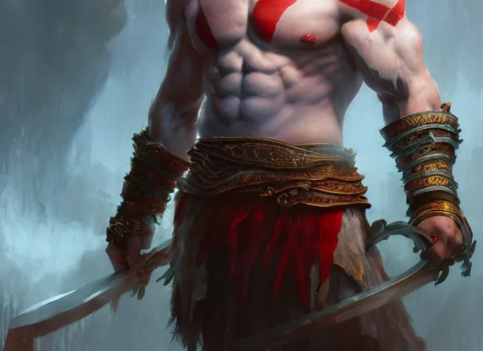 Image similar to Kratos, God of War, extremely detailed digital painting, in the style of Fenghua Zhong and Ruan Jia and jeremy lipking and Peter Mohrbacher, mystical colors, rim light, beautiful Lighting, 8k, stunning scene, raytracing, octane, trending on artstation