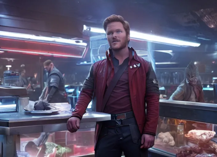 Prompt: film still of Star Lord working at McDonald's in the new Guardians of the Galaxy movie, 4k