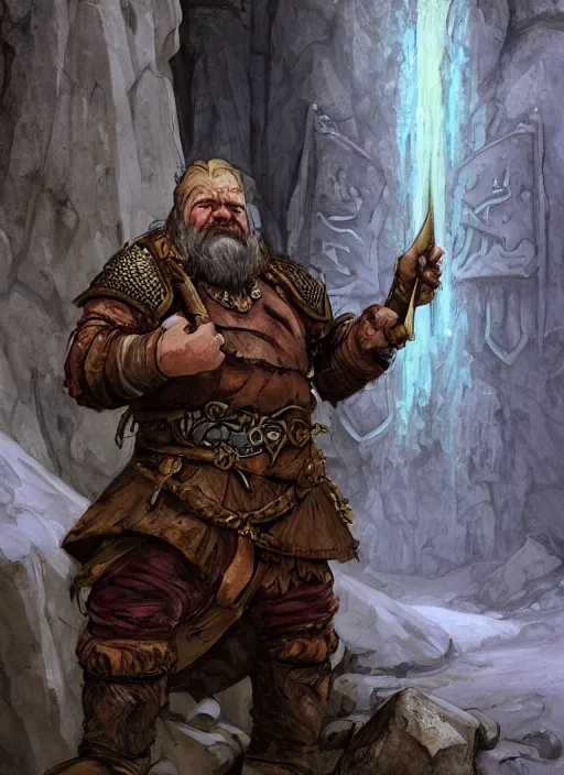 Image similar to Hulgen the dwarf. A humble dwarven stone mason completes the great gate of moria. Fantasy concept art. Moody Epic painting by James Gurney, and Alphonso Mucha. ArtstationHQ. painting with Vivid color. (Dragon age, witcher 3, lotr)