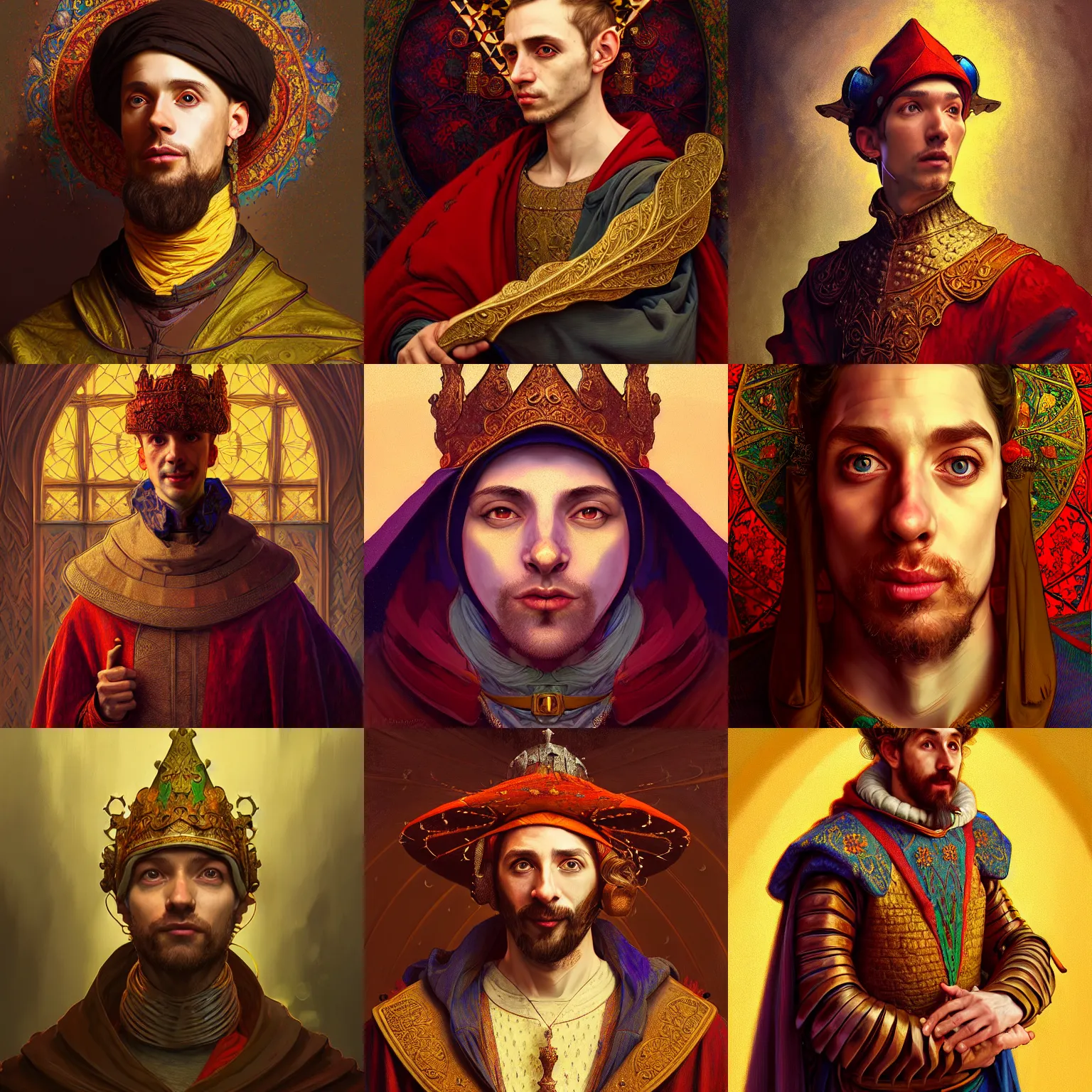 Prompt: portrait of a medieval court jester, path traced, highly detailed, high quality, digital painting, alena aenami, lilia alvarado, shinji aramaki, karol bak, alphonse mucha, tom bagshaw