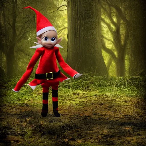 Image similar to scary photo of an elf in the woods, photorealistic