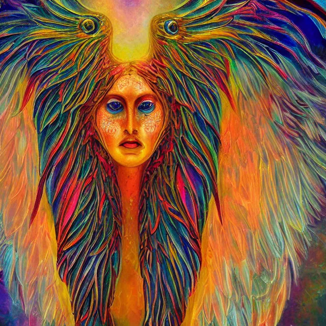 Prompt: angelic seraphim Lovecraftian celestial covered in eyes feathers and wings, oil painting award winning, chromatic aberration sharp colors, symmetrical geometry sublime angel be not afraid