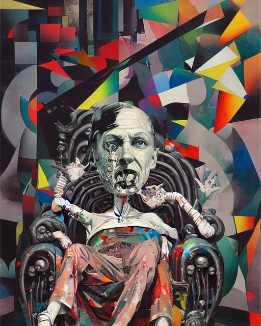 Prompt: decollage painting old struggling lord on a throne by adrian ghenie and takato yamamoto and edward hopper and mark ryden and tsutomu nihei, part by bridget riley, acrylic pour and splashing paint, very coherent, baroque elements, perfect anatomy, intricate design. pop art.