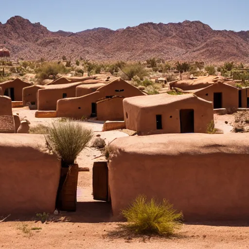 Prompt: a village of mud and bricks houses, adobe houses, in the arizona desert. Trending on 500px