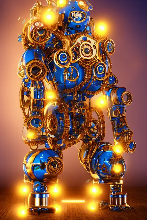 Prompt: portrait photo of a giant muscular golden and blue metal steampunk robot bodybuilder bouncer security with gears and tubes, eyes are police lights, shiny crisp finish, 3 d render, 8 k, insaneley detailed, fluorescent colors, background is multicolored lasershow