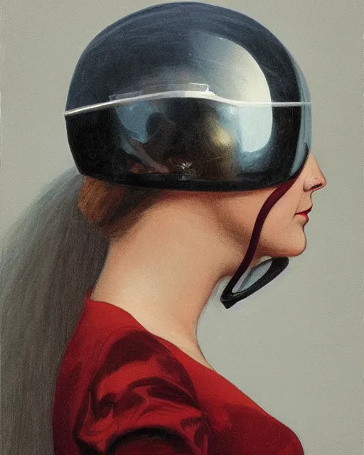 Prompt: a woman's face in profile, wearing a glass space helmet, in the style of the dutch masters and vaughan oliver, dark and moody