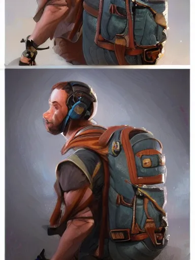 Prompt: a tinker carrying a giant backpack, full of trinkets and stuff heavy backpack. intricate, elegant, highly detailed, digital painting, artstation, concept art, sharp focus, illustration, by justin gerard and artgerm, 8 k