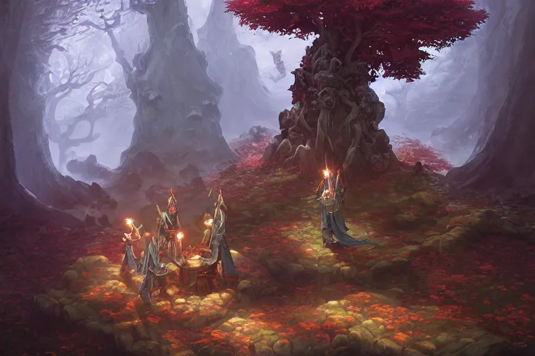 Prompt: dungeons and dragons fantasy painting, sacred grove of autumn maple bonsai with gnostic glowing runes, anime inspired by krenz cushart, evening lighting, by brian froud jessica rossier and greg rutkowski