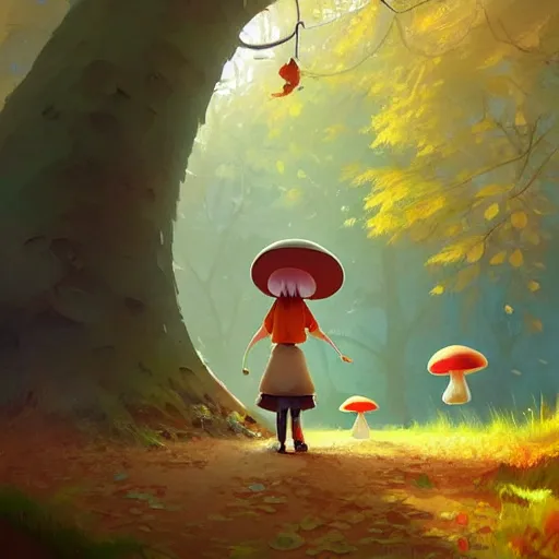 Prompt: goro fujita ilustration a cheerful girl collecting mushrooms in the forest, characterized by masamune shirow and greg rutkowski, character art, focus, highly detailed, artstation