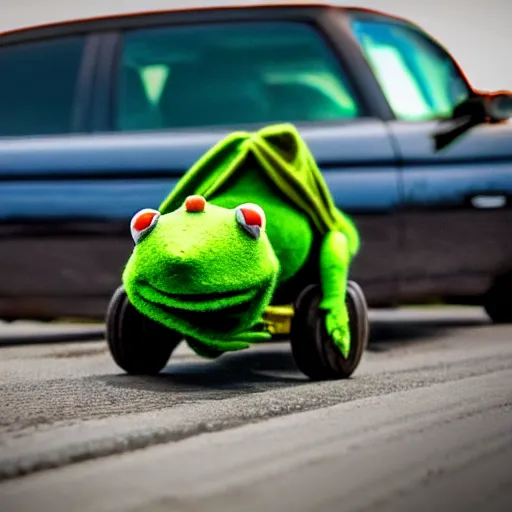 Image similar to kermit in a cowboy hat rolling coal on the highway