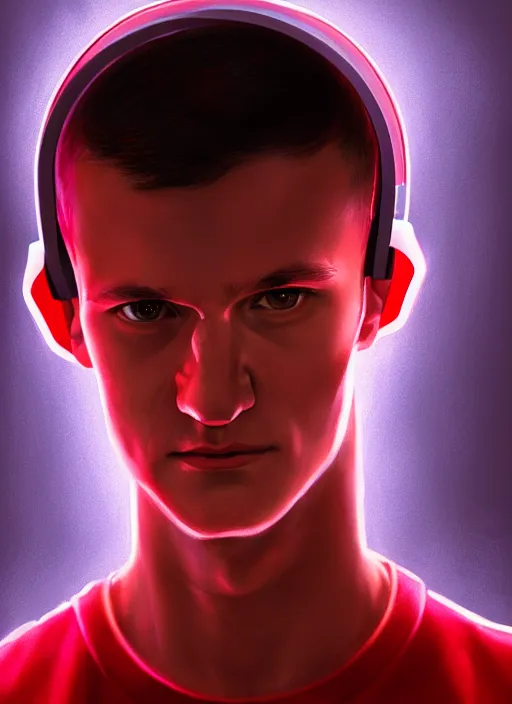 Image similar to portrait of vitalik buterin with hazel eyes, hazel colored eyes, red shirt, headphones, intricate, elegant, glowing lights, highly detailed, digital painting, artstation, concept art, smooth, sharp focus, illustration, art by wlop, mars ravelo and greg rutkowski