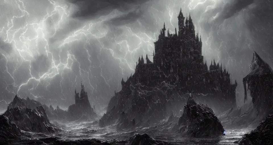 Prompt: lovecraftian eldritch!! castle!! wrapped in clouds on a black desert, snowy, windy, by eugene von guerard, ivan shishkin, night, lightning!!, storm!, dramatic lighting, concept art, trending on artstation, 8 k