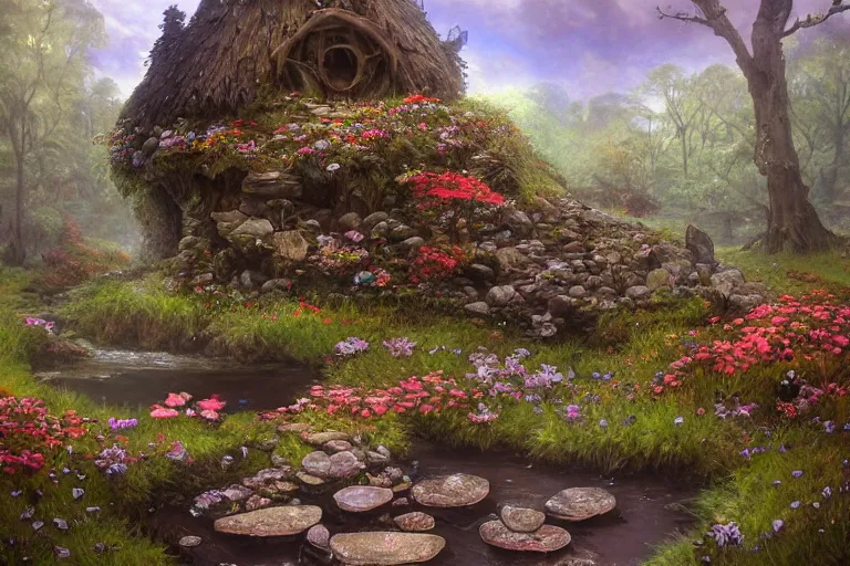 Prompt: wide angle view, a beautiful digital painting of a fairy house made of rocks in a stream, flowers, beautiful tranquil day, by greg rutkowski, brian froud, peter mohry, jean - baptiste monge, and alphonse mucha, symmetry, complementary colors, ink illustration, trending on artstation