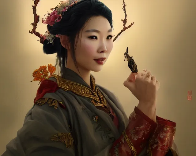 Image similar to photography of hong kong actress barbara yung, weng meiling, dressed as dongfang bubai, deep focus, d & d, fantasy, intricate, elegant, highly detailed, digital painting, artstation, concept art, matte, sharp focus, illustration, hearthstone, art by artgerm and greg rutkowski and alphonse mucha