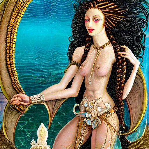 Prompt: intricate details, hyper detailed, mystic alchemical occult art, african lilith, sumerian goddess inanna ishtar, ashteroth, techno mystic goddess princess intergalactica, with aqua neon rapunzel dreadlocks, detailed, wearing seashell attire, crystal pathway to atlantis floating on the sea, by sandro botticelli