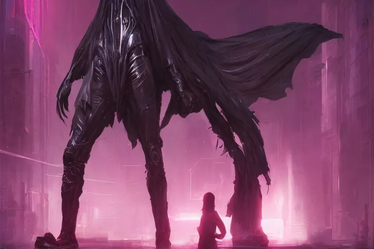 Image similar to Dementor from Harry Potter in cyberpunk, neon lighting, figure in center, digital art from artstation by Ruan Jia and Mandy Jurgens and Artgerm and william-adolphe bouguereau and Greg Rutkowski and Wayne Barlowe