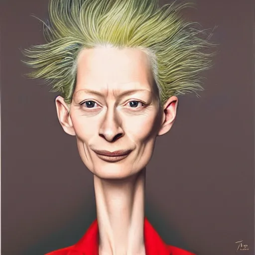 Image similar to caricature portrait of a beautiful 20 year old Tilda Swinton smoking a cigar by Mario Testino, headshot, detailed, award winning, oil painting