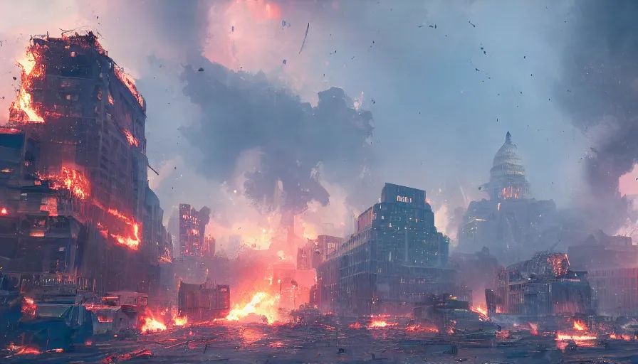 Image similar to washington dc destroyed by giant rabbits, fire, debris, smoke columns, hyperdetailed, artstation, cgsociety, 8 k